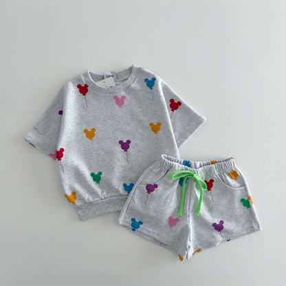 Toddler Balloon Print Short Sleeve Sweatshirt and Shorts Set (15m-7y) -2 Colors - AT NOON STORE