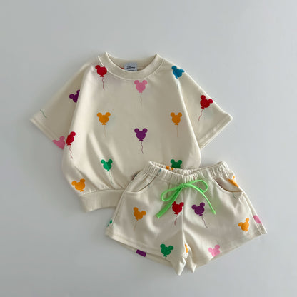Toddler Balloon Print Short Sleeve Sweatshirt and Shorts Set (15m-7y) -2 Colors - AT NOON STORE