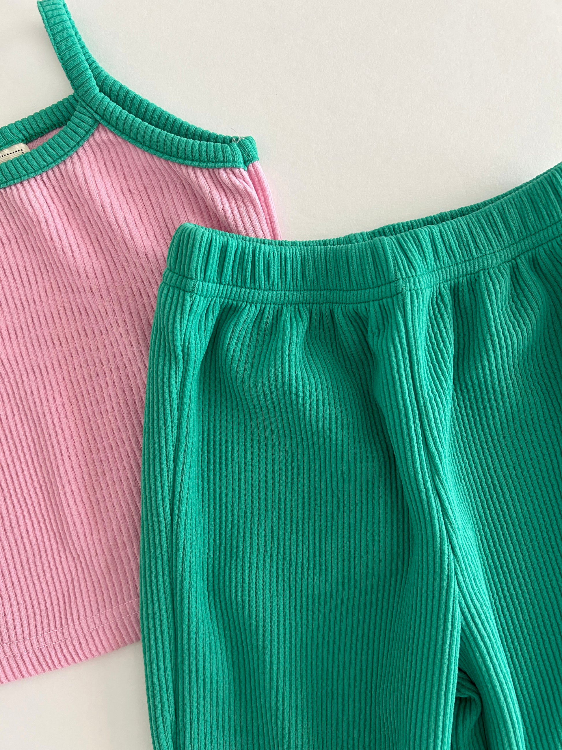 Kids Soy Contrast Trim Tank Top and Wide Leg Pants Set (1-6y) - Pink Green - AT NOON STORE