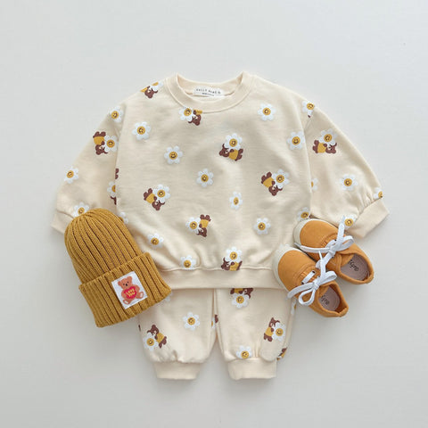 Kids Daisy Bear Print Sweatshirt & Jogger Pants Set (1-6y) - Cream