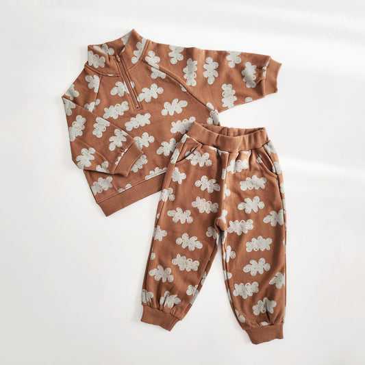 Kids Cloud Print Half Zip Sweatshirt & Jogger Pants Set (1-6y) - Brown - AT NOON STORE