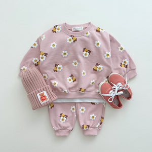 Kids Daisy Bear Print Sweatshirt & Jogger Pants Set (1-6y) - Pink