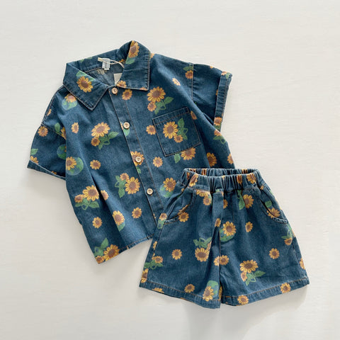 Kids Floral Print Denim Shirt and Shorts Set (4-5y) - Floral Denim