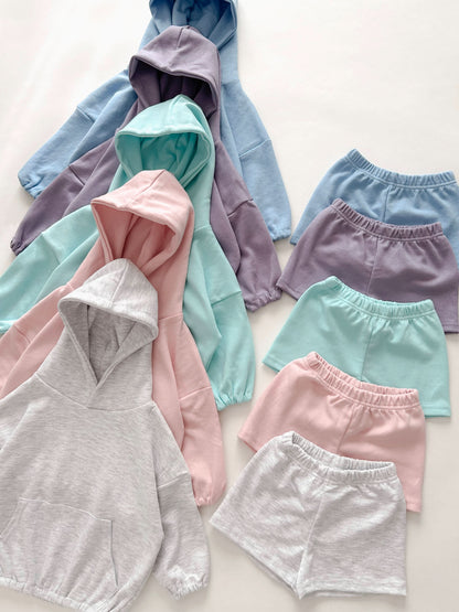 Kids Kangaroo Pocket Hoodie Pullover and Shorts Set (2-10y) - 5 Colors - AT NOON STORE