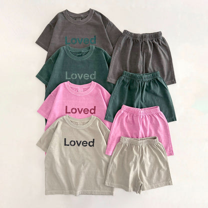 [At Noon Original Design] Kids Loved Garment-Dyed T-Shirt and Shorts Set (6m-7y) - 4 Colors - AT NOON STORE