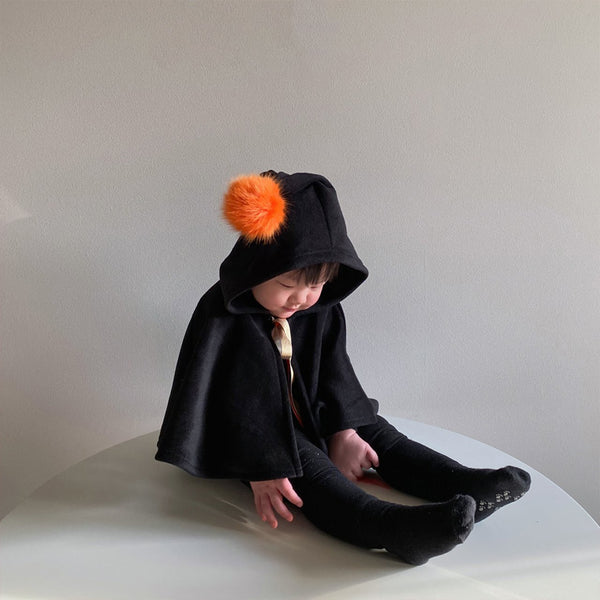 Kids Orange Pompom Cone Cape (0-8y) - Black
