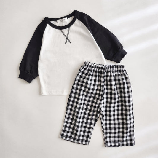 Kids Raglan Top and Gingham Pants Set (1-6y) - Black - AT NOON STORE