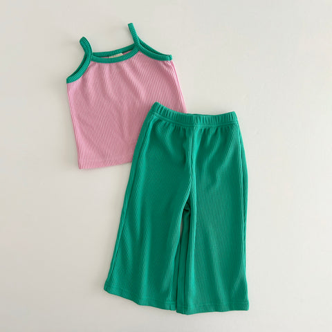 Kids Soy Contrast Trim Tank Top and Wide Leg Pants Set (1-6y) - Pink Green