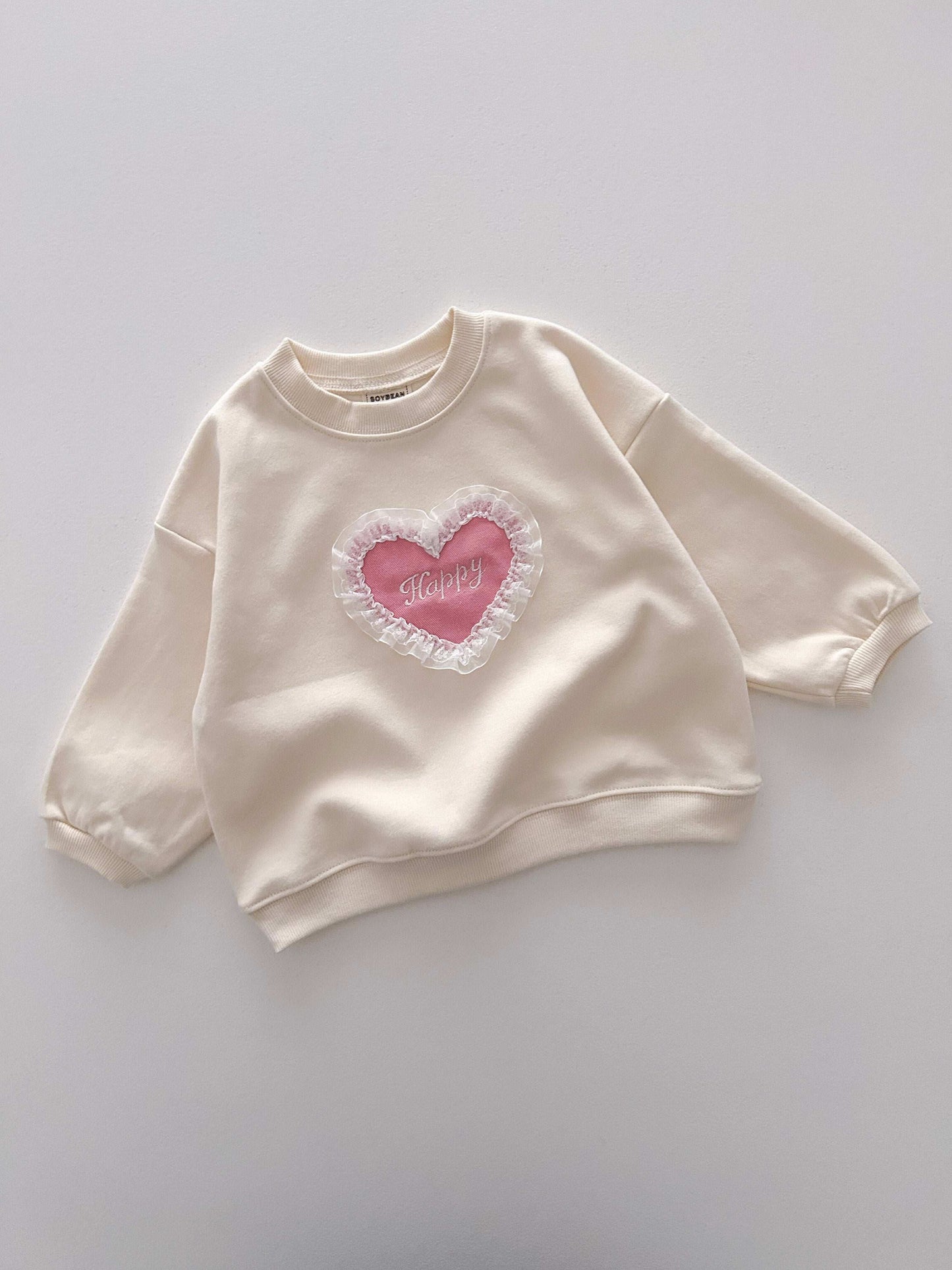 Kids Soy S25 Happy in Lace Heart Long Sleeve Sweatshirt (1-6y) - Cream - AT NOON STORE