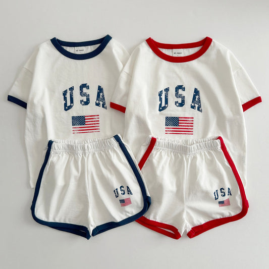 [At Noon Original Design] Kids Vintage Print USA Ringer T-Shirt and Shorts Set (8m-7y) - 2 Colors