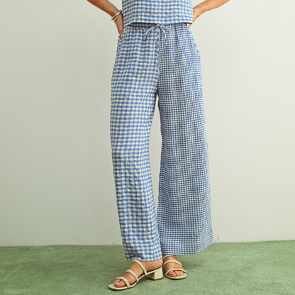 Adult SP26 Mixed Gingham Straight Pants - Blue - AT NOON STORE