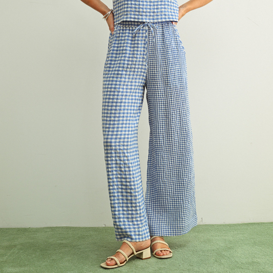 Adult SP26 Mixed Gingham Straight Pants - Blue - AT NOON STORE