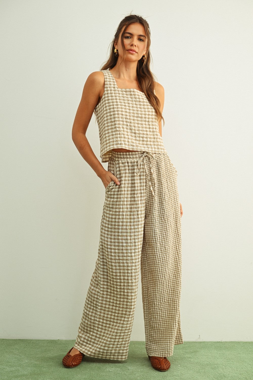 Adult SP26 Mixed Gingham Straight Pants - Beige - AT NOON STORE