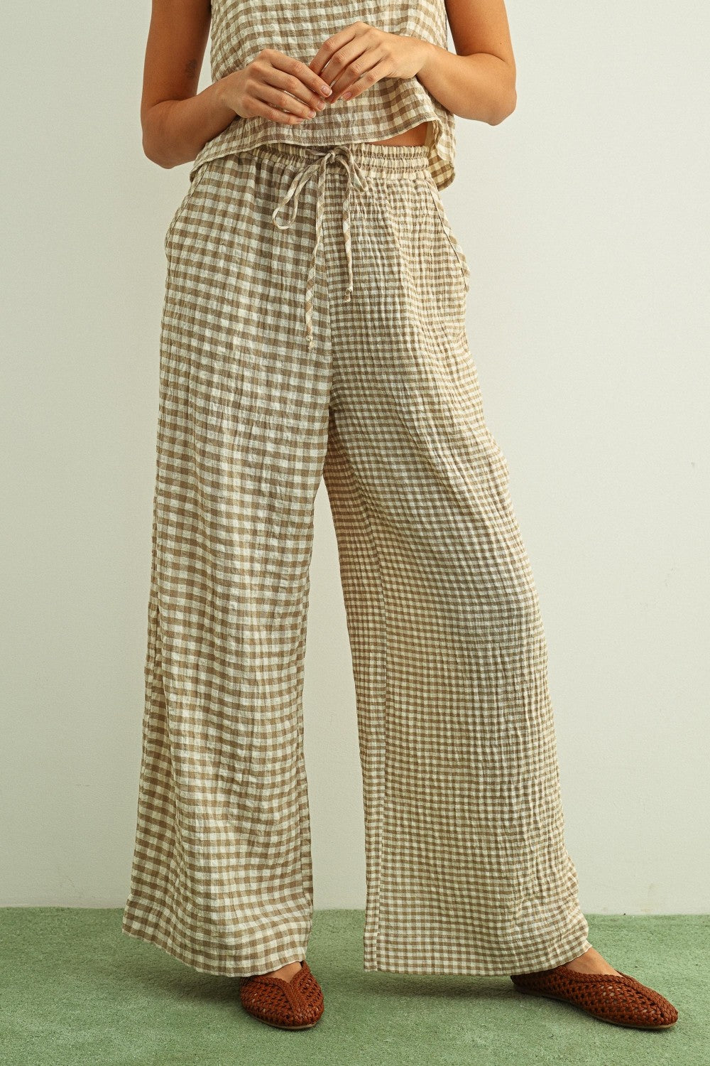 Adult SP26 Mixed Gingham Straight Pants - Beige - AT NOON STORE