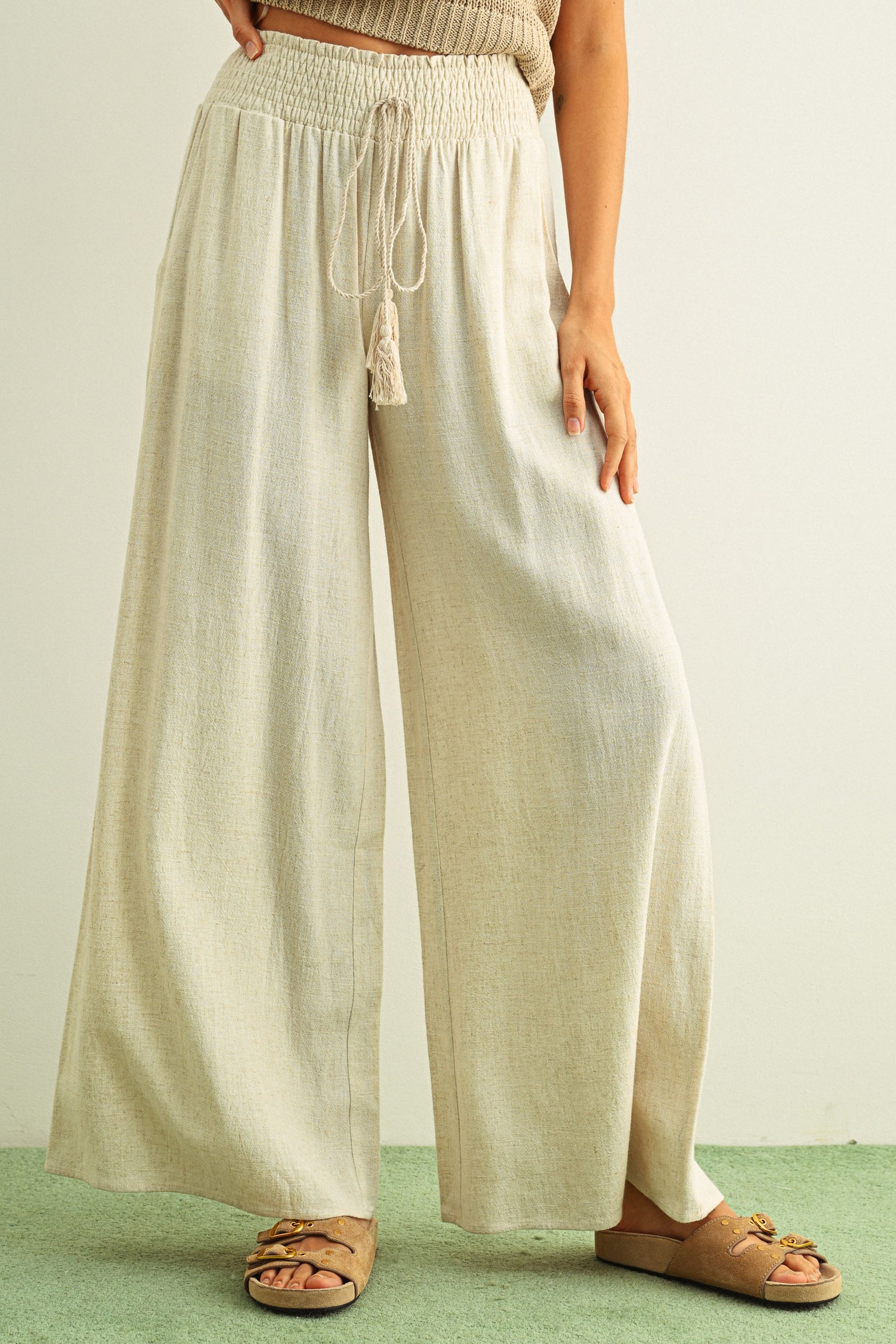 Adult SP26 Linen Smocked Waist Pants With Tassel  - Oatmeal - AT NOON STORE