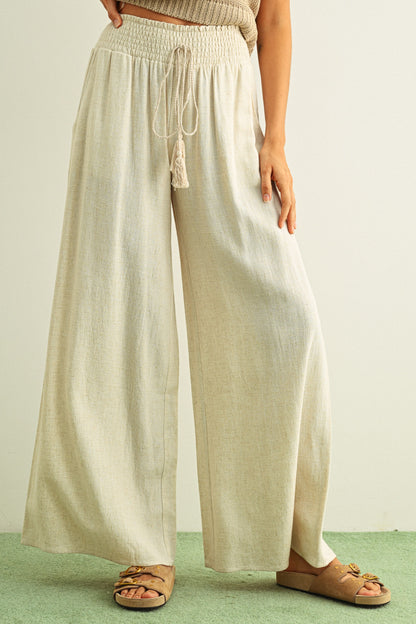 Adult SP26 Linen Smocked Waist Pants With Tassel  - Oatmeal - AT NOON STORE