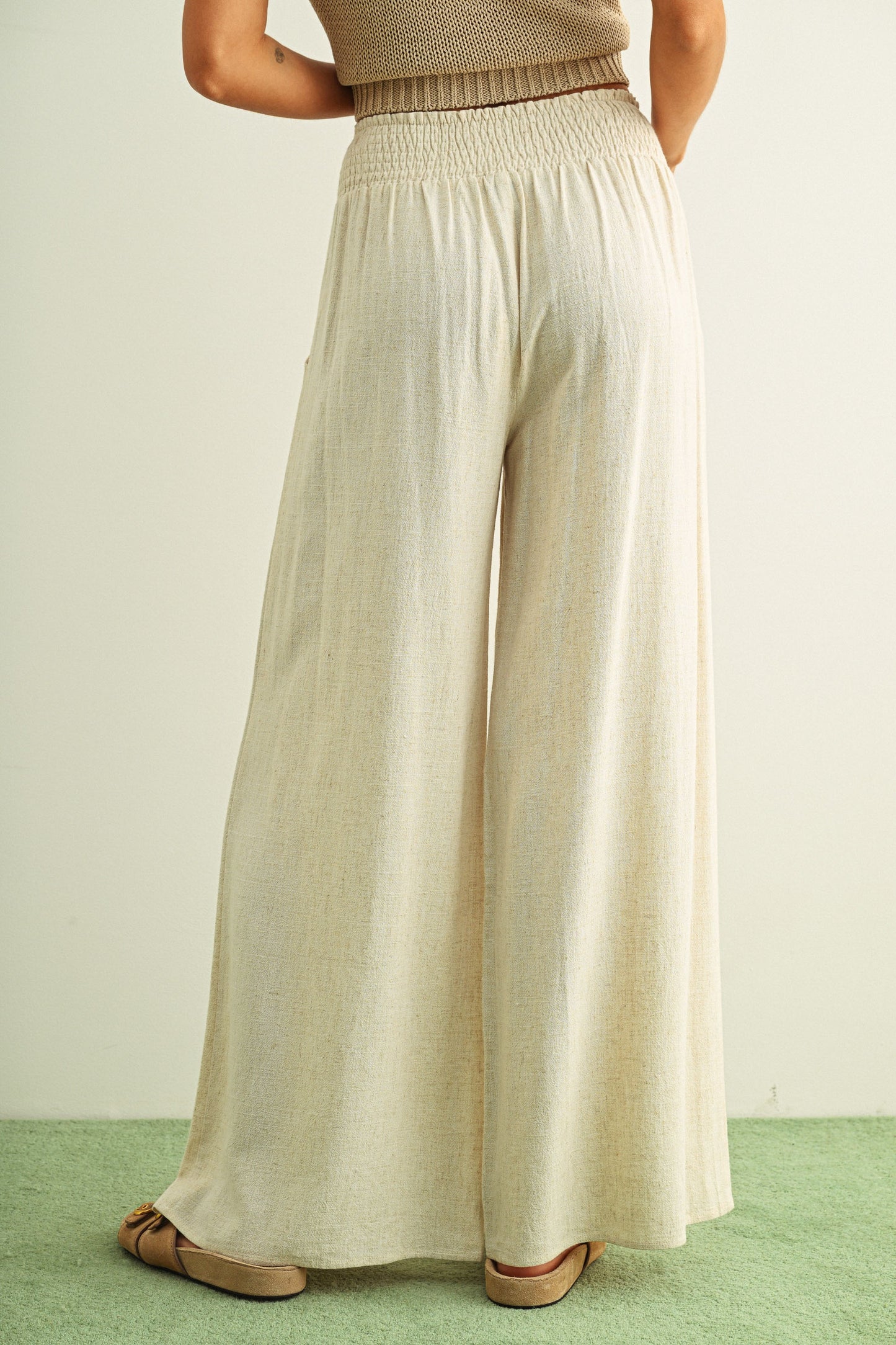 Adult SP26 Linen Smocked Waist Pants With Tassel  - Oatmeal - AT NOON STORE