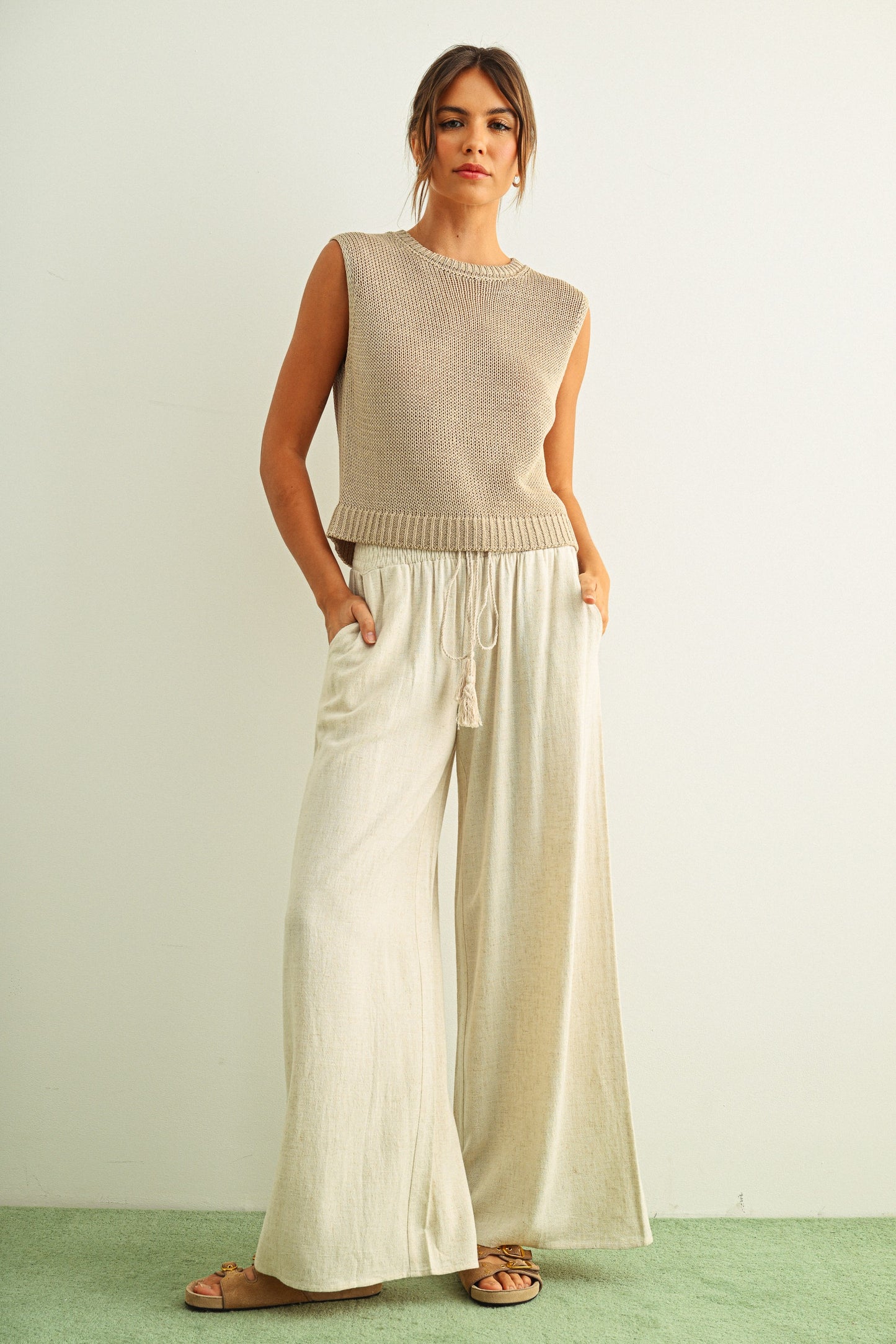 Adult SP26 Linen Smocked Waist Pants With Tassel  - Oatmeal - AT NOON STORE