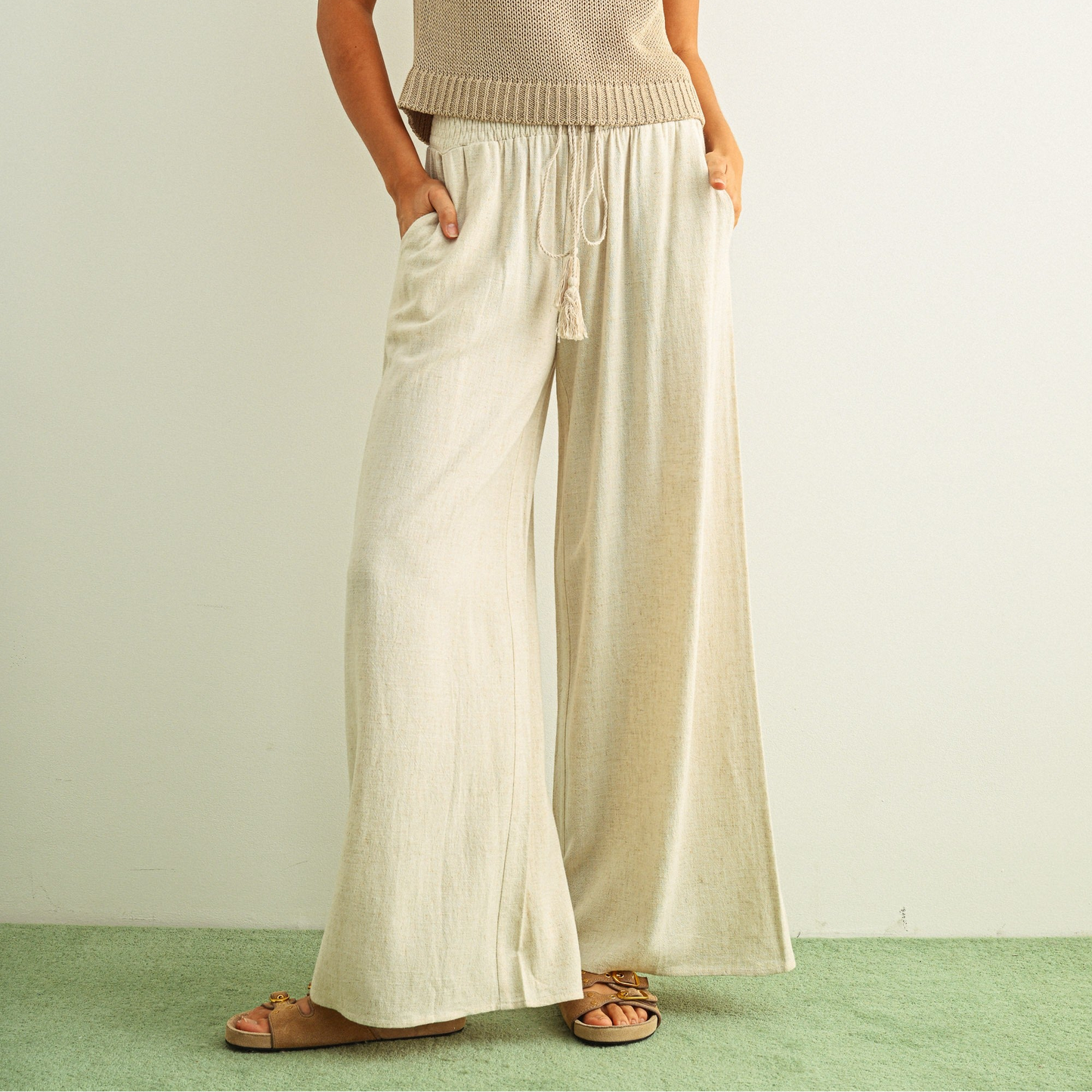 [PRE-ORDER]Adult SP26 Linen Smocked Waist Pants With Tassel  - Oatmeal - AT NOON STORE