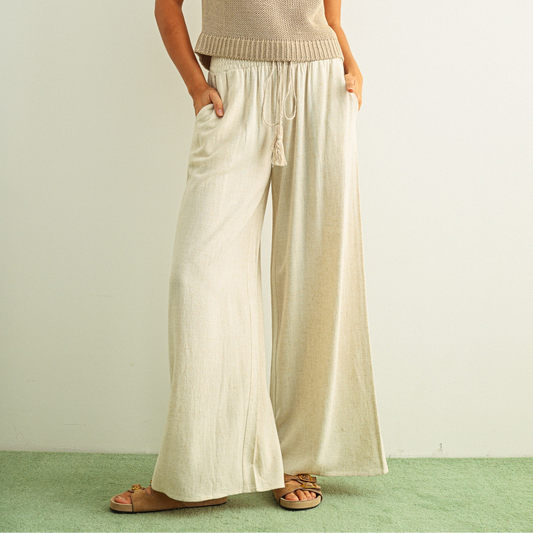 [PRE-ORDER]Adult SP26 Linen Smocked Waist Pants With Tassel  - Oatmeal - AT NOON STORE