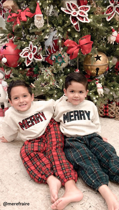 Toddler Merry Patch Embroidery Sweatshirt and Tartan Fleece Jogger Pants (6m-6y) - Green - AT NOON STORE