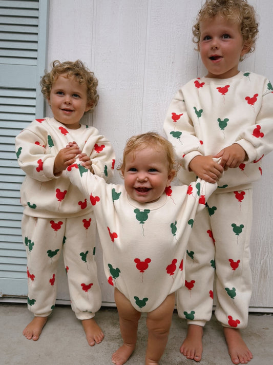 red and green patterns sweat set and romper 