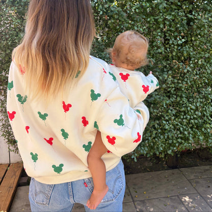 Adult Holiday Mickey Balloon Print Brushed Cotton Sweatshirt - Cream - AT NOON STORE