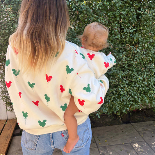 Adult Holiday Mickey Balloon Print Brushed Cotton Sweatshirt - Cream - AT NOON STORE