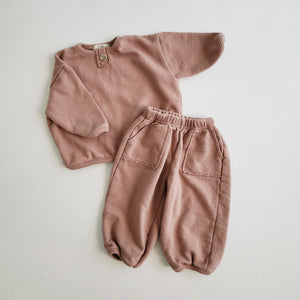 Toddler Anggo Button Detail Sweatshirt and Pants Set (1-6y) - Terracotta