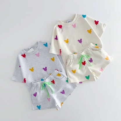 Toddler Balloon Print Short Sleeve Sweatshirt and Shorts Set (15m-7y) -2 Colors - AT NOON STORE