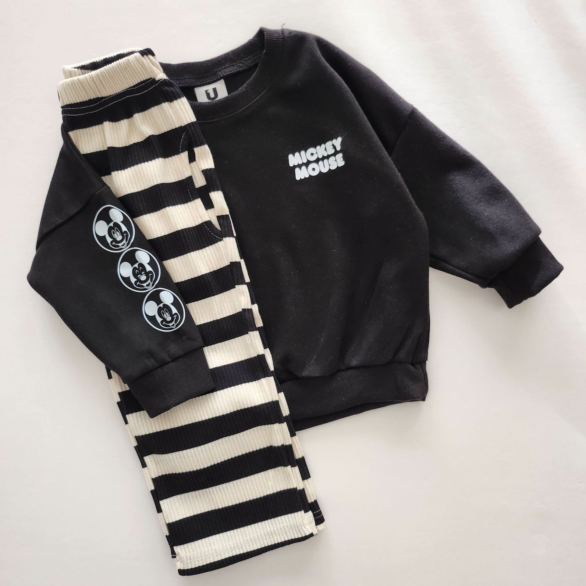 Toddler Disney Mickey Face Print Sleeve Sweatshirt and Stripe Pull-on Pants Set (2-7y) - 2 Colors - AT NOON STORE