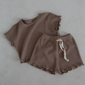 Toddler Lettuce Edge Waffle Short Sleeve Top and Shorts Set (1-5y)- Brown