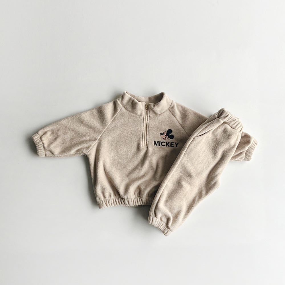 Toddler Mickey Embroidered Half Zip Fleece Top and Jogger Pants Set (1-6y) - Beige - AT NOON STORE