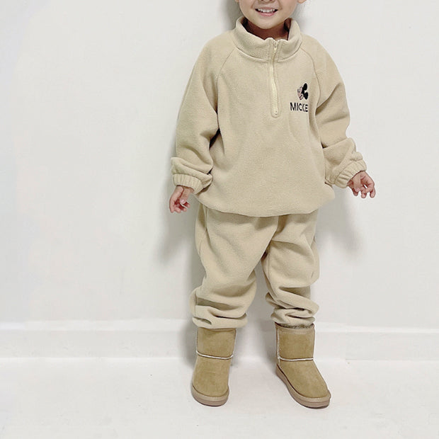 Toddler Mickey Embroidered Half Zip Fleece Top and Jogger Pants Set (1-6y) - Beige - AT NOON STORE