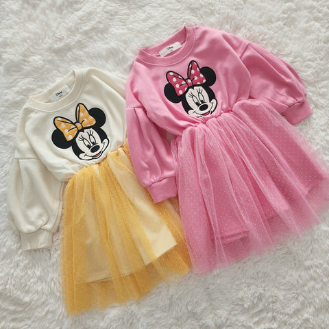 Toddler Puff Sleeve Soft Cotton Minnie Tulle Dress (15m-7y) - 2 Colors