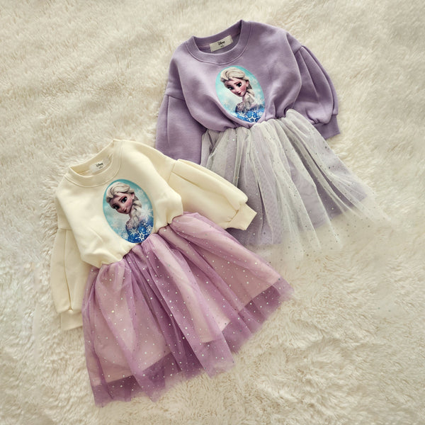 Toddler Puff Sleeve Cotton Elsa Tulle Dress (15m-7y) - 2 Colors