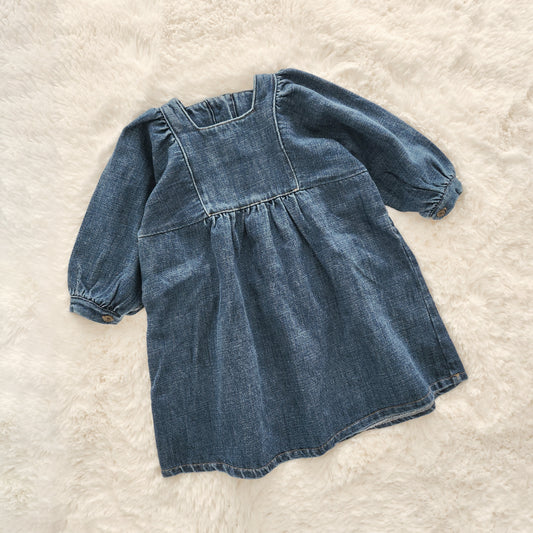 Toddler Square Neckline Denim Dress (3-8y) - Blue - AT NOON STORE