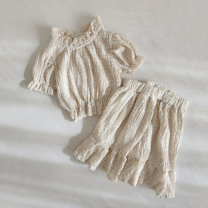 Toddler Textured Short Sleeve Lettuce Edge Top and Skirt Set (1-5y) - Beige
