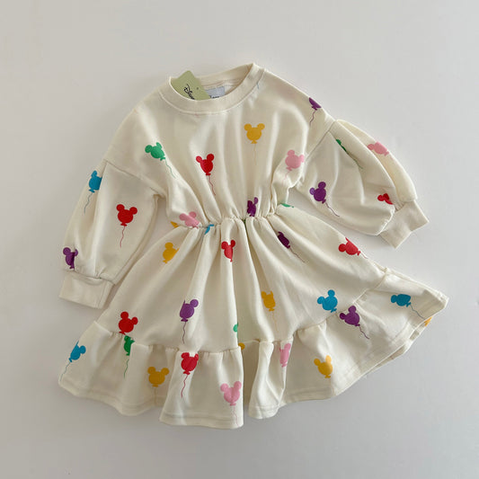 Toddler Balloon Print Long Sleeve Dress (15m-7y) -Cream