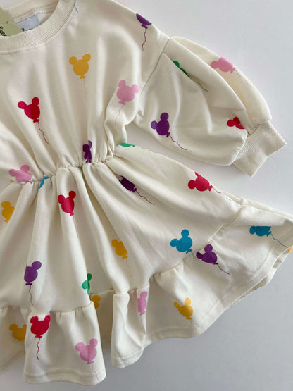 Toddler Balloon Print Long Sleeve Dress (15m-7y) -Cream - AT NOON STORE