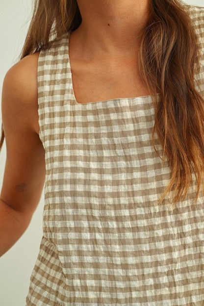 Adult Gingham Square Neck Sleeveless Top - Blue - AT NOON STORE