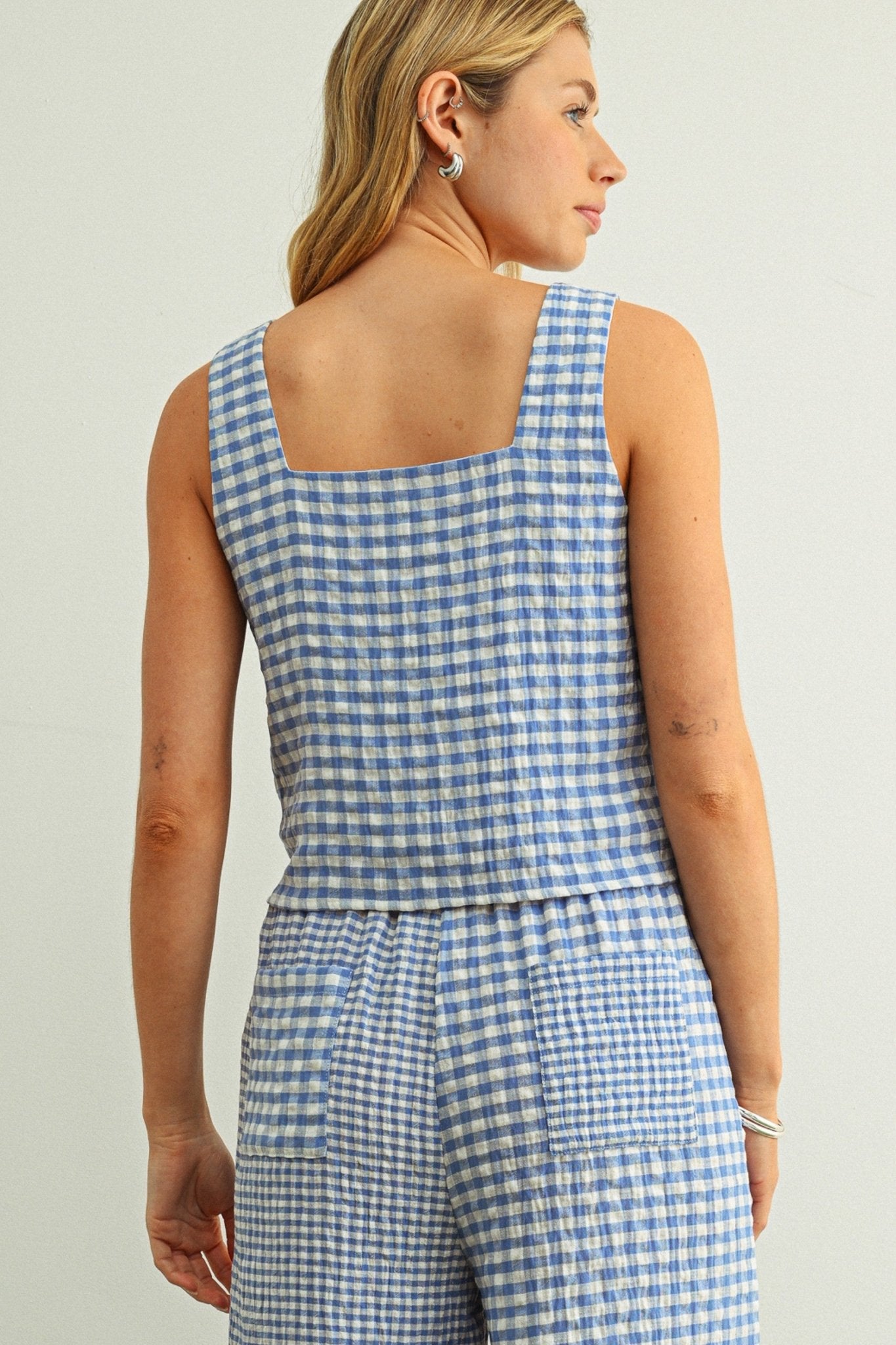 Adult Gingham Square Neck Sleeveless Top - Blue - AT NOON STORE