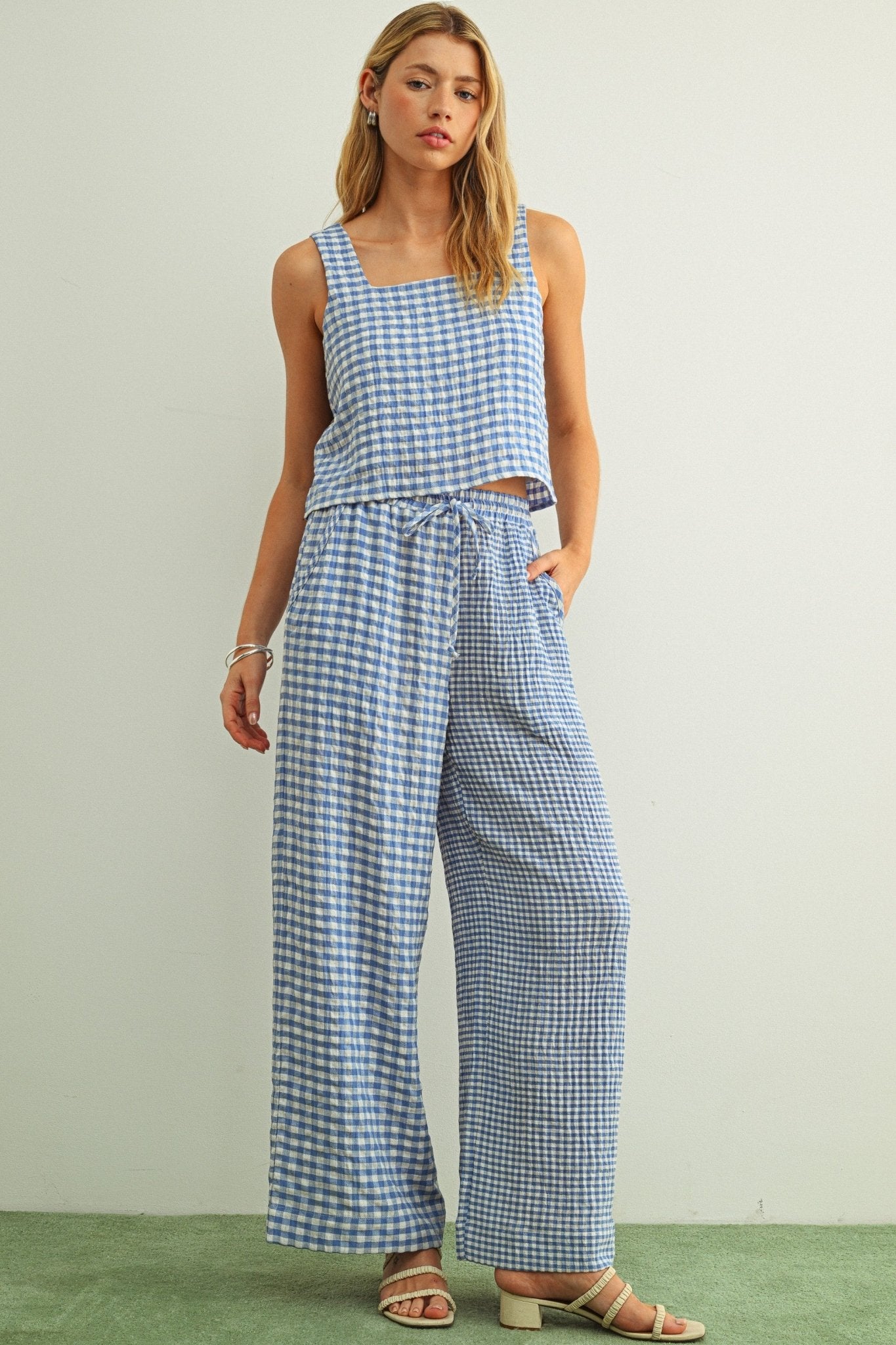 Adult Gingham Square Neck Sleeveless Top - Blue - AT NOON STORE
