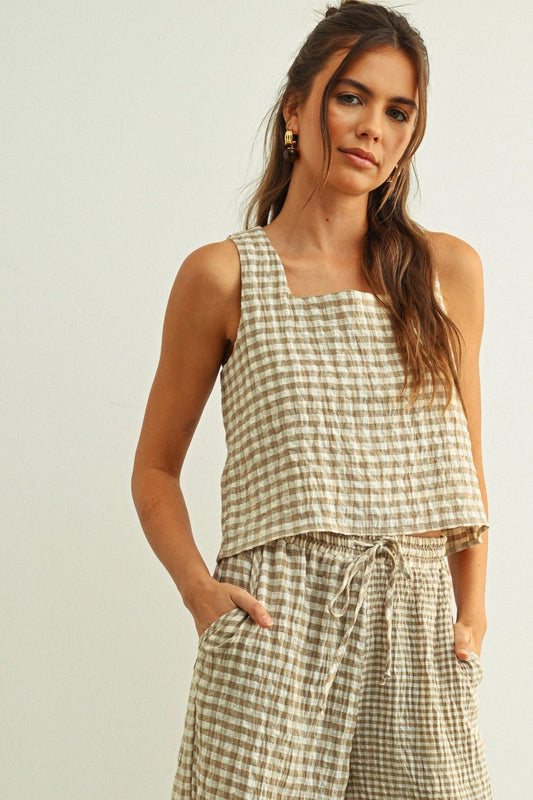 Adult Gingham Square Neck Sleeveless Top - Blue - AT NOON STORE
