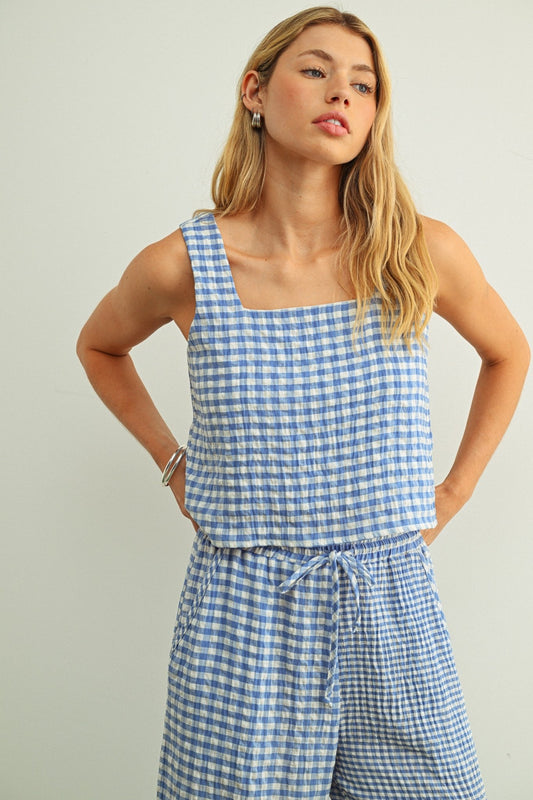 Adult Gingham Square Neck Sleeveless Top - Blue - AT NOON STORE