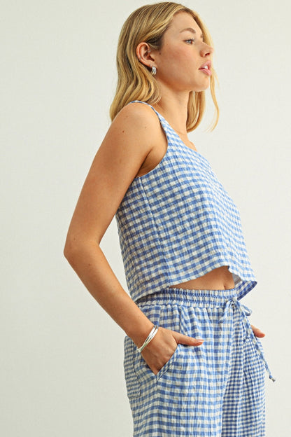 Adult Gingham Square Neck Sleeveless Top - Blue - AT NOON STORE
