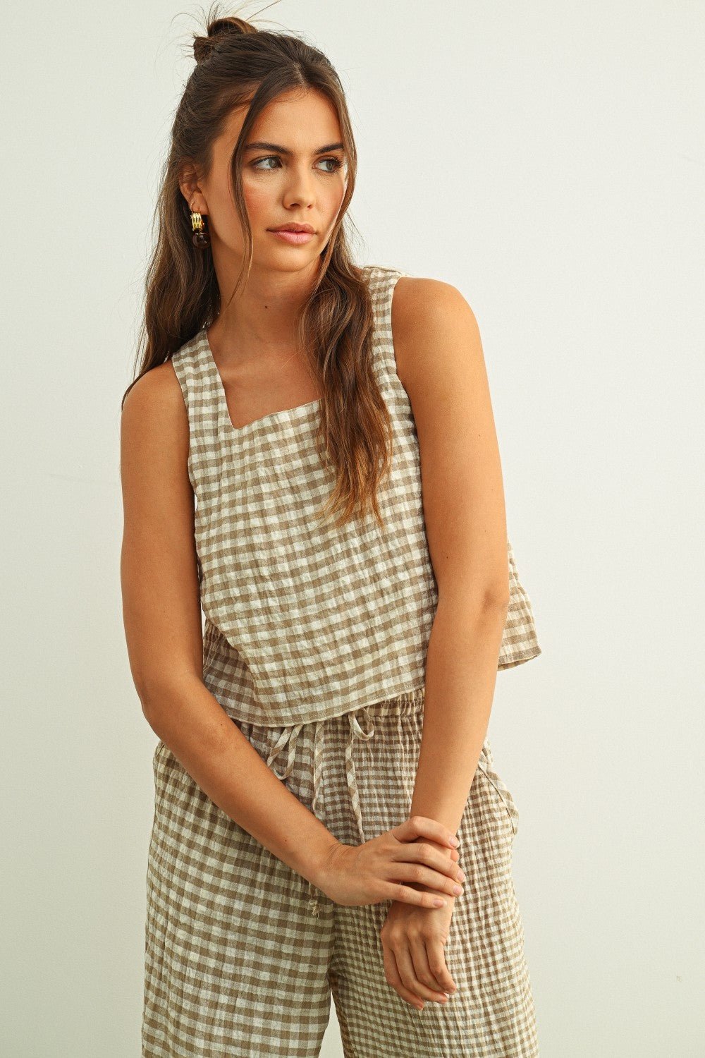 Adult Gingham Square Neck Sleeveless Top - Blue - AT NOON STORE