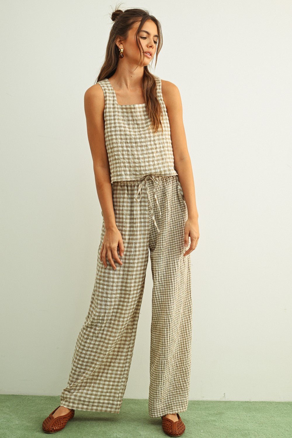Adult Gingham Square Neck Sleeveless Top - Blue - AT NOON STORE