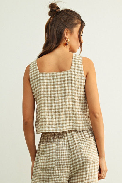Adult Gingham Square Neck Sleeveless Top - Blue - AT NOON STORE