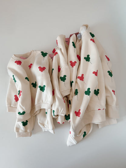 Adult Holiday Mickey Balloon Print Brushed Cotton Sweatshirt - Cream kids outfit